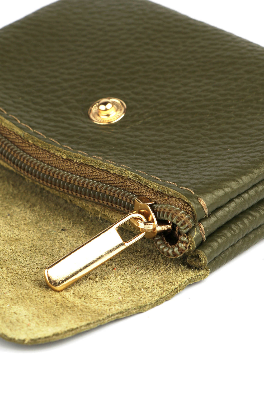 showing the inside zip closure compartment of this genuine leather coin purse