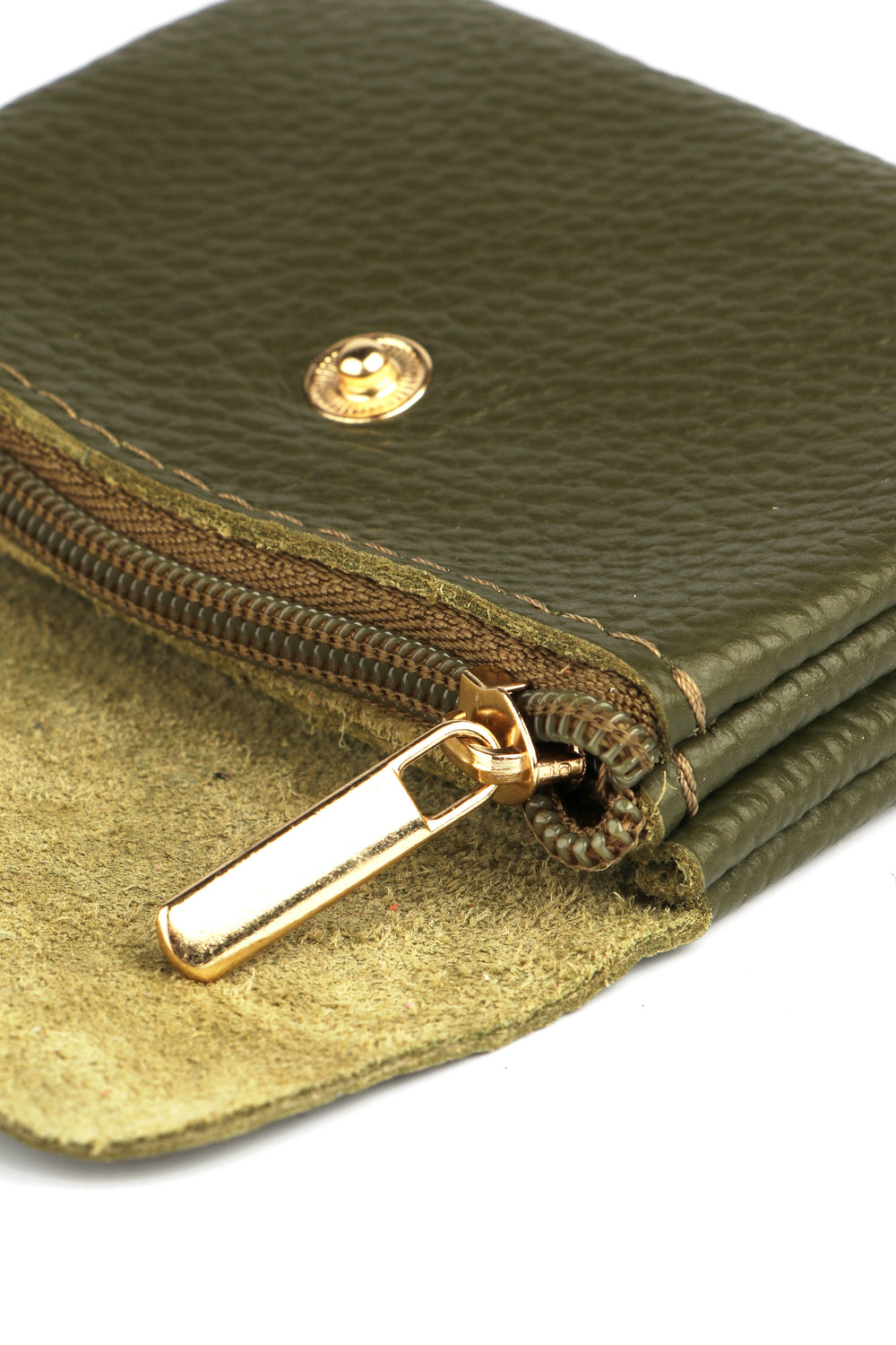 showing the inside zip closure compartment of this genuine leather coin purse