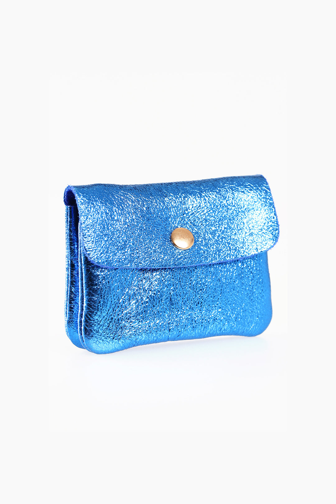 royal blue metallic leather coin purse with an outer button closure. the button is gold coloured