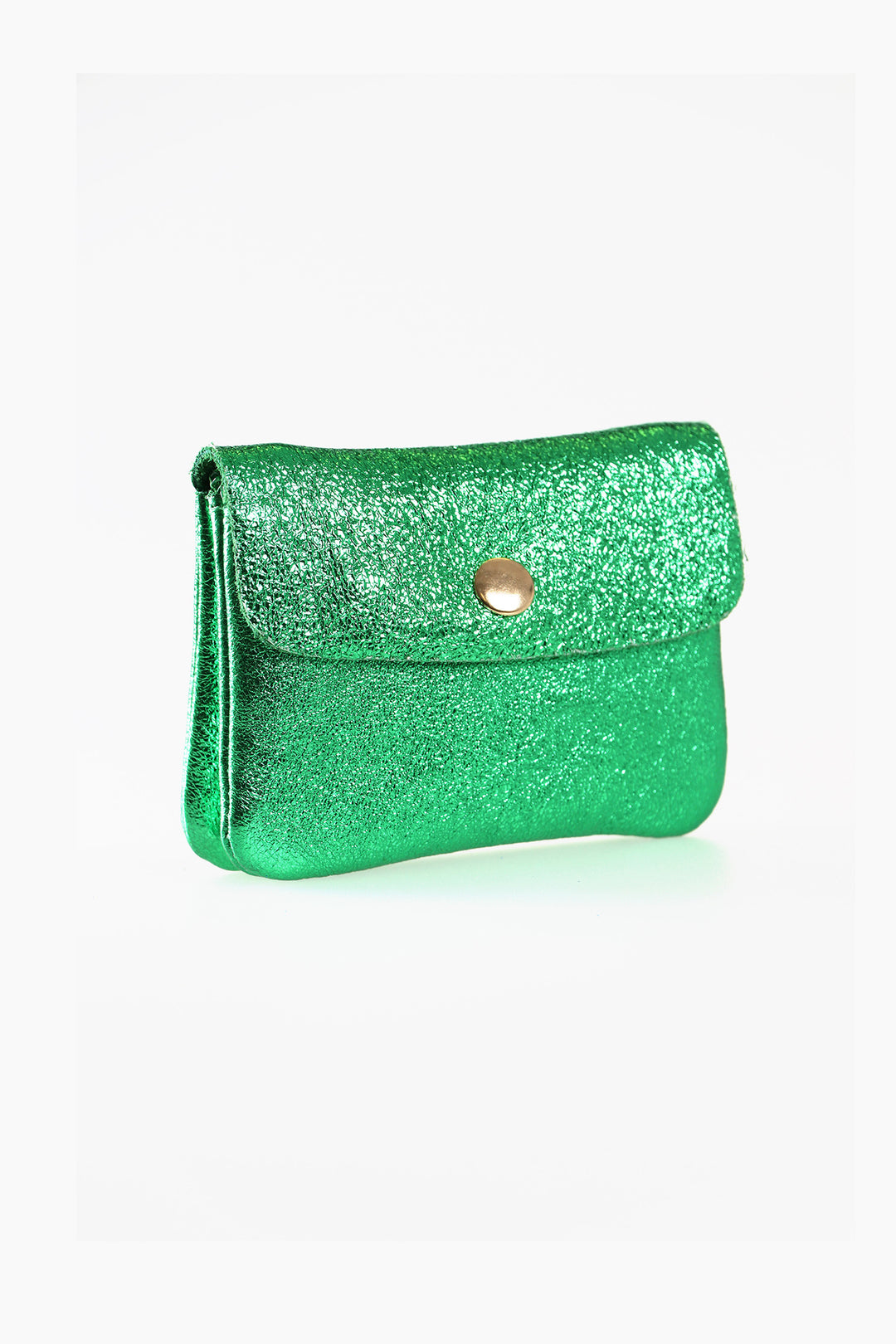 metallic green leather coin purse with an outer button closure. the button is gold coloured