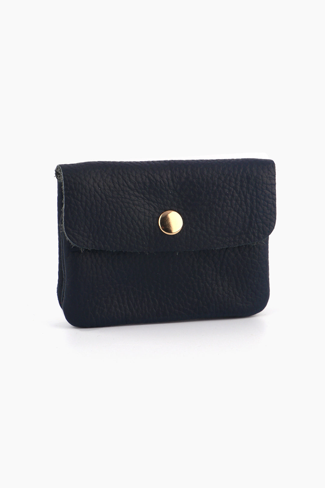 navy blue pebbled leather coin purse with an outer button closure. the button is gold coloured