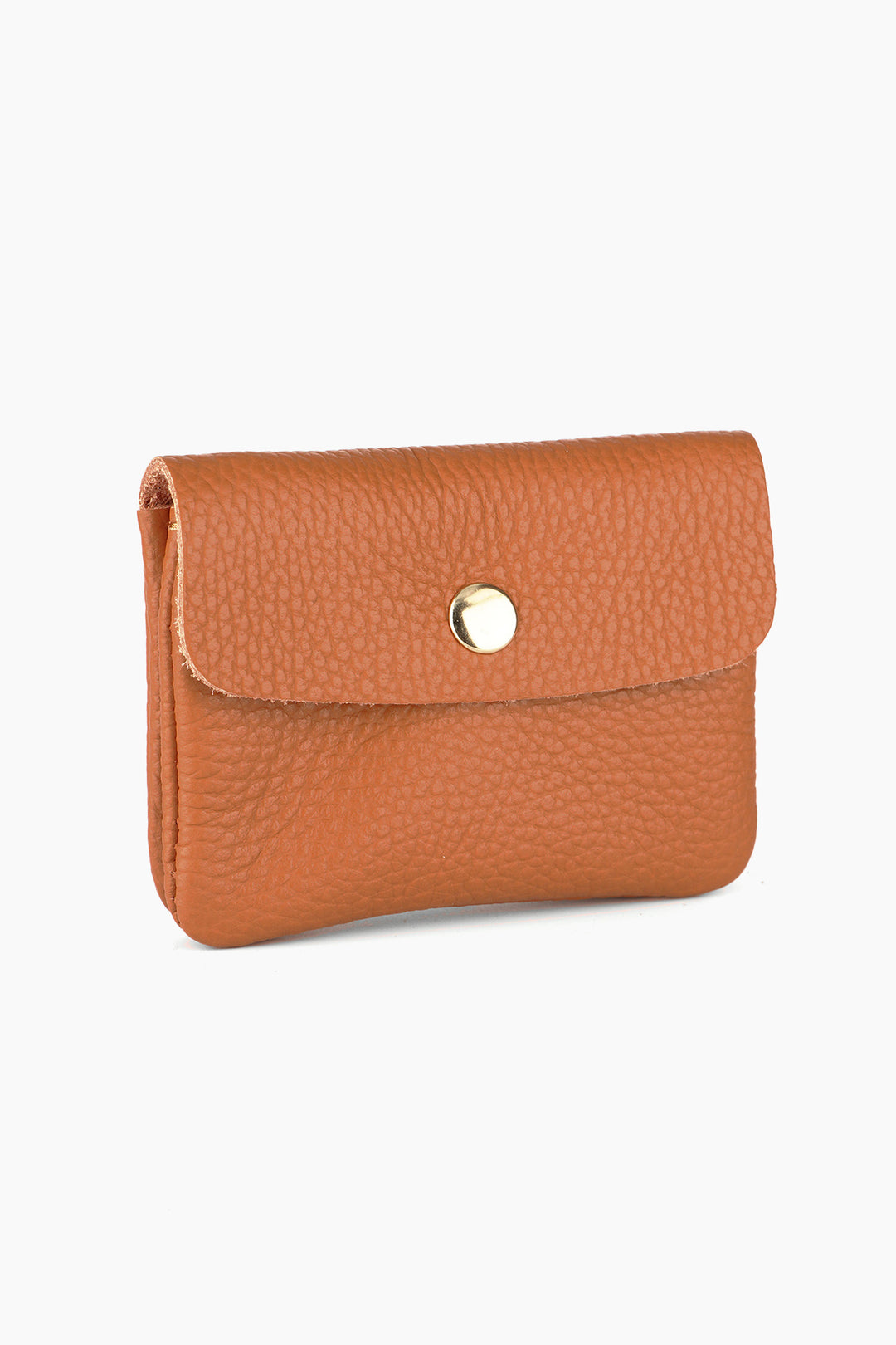 tan coloured leather coin purse with a snap button fastening