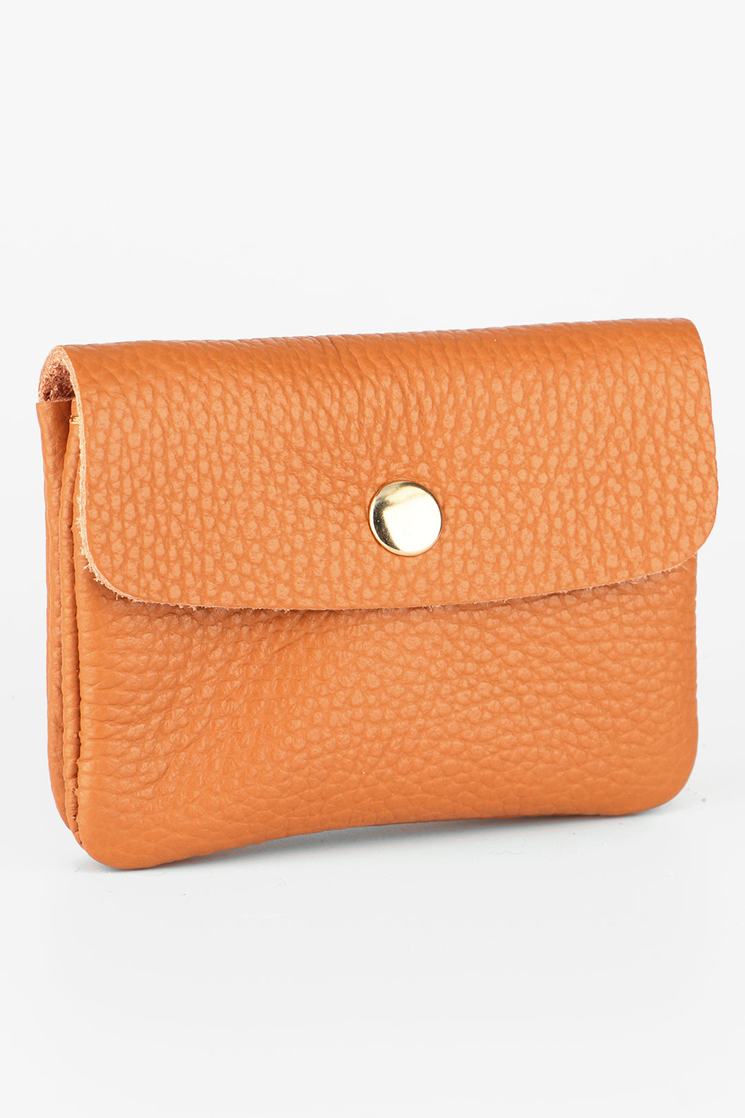 tan coloured leather coin purse with a snap button fastening