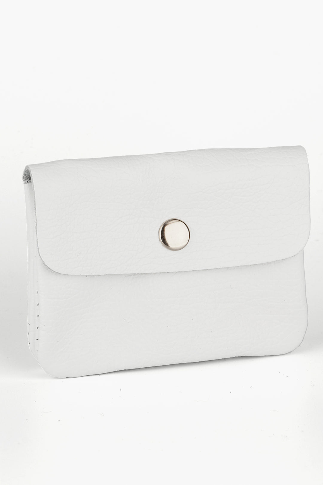 small white leather coin purse with an internal zip closure and outer snap button closure