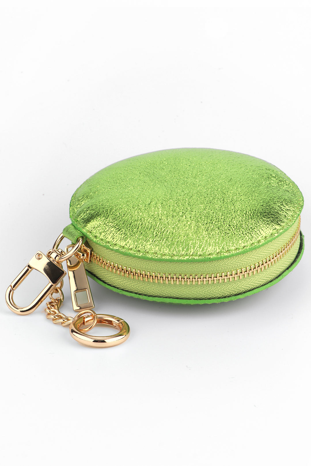lime green leather coin purse with gold clip on attachements