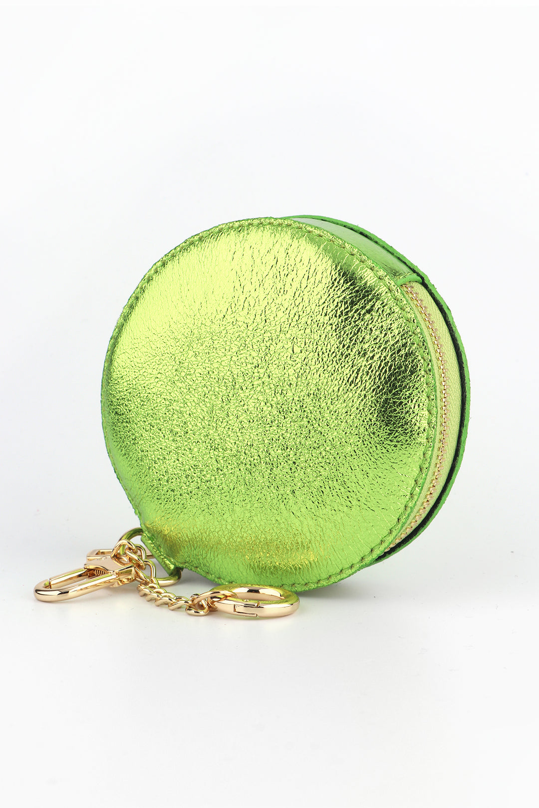 metallic lime green round leather coin purse with two key ring attachments