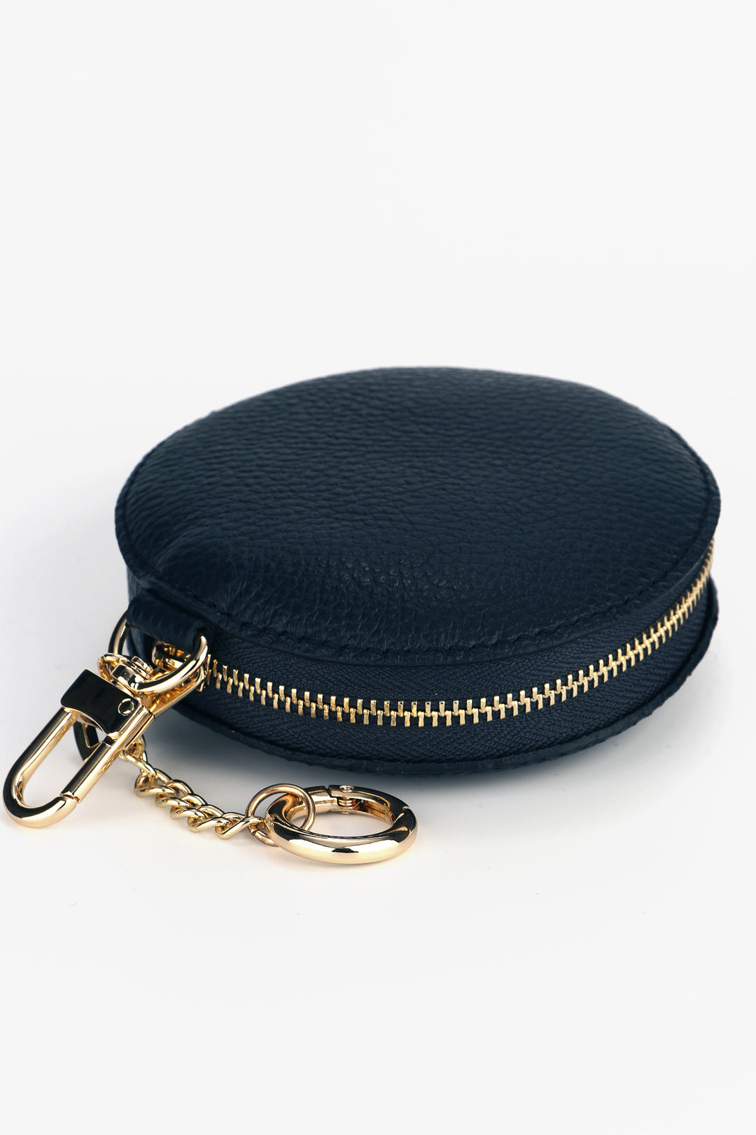 navy blue clip on leather coin purse with secure zip closure