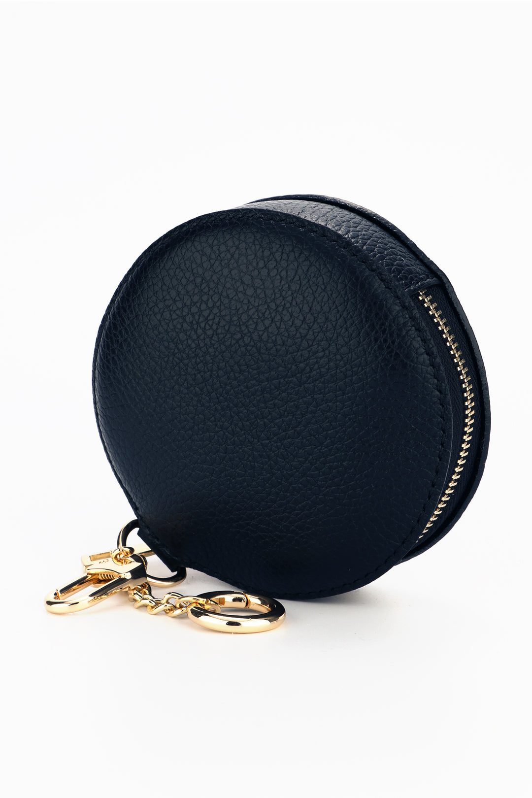 round navy blue leather coin purse with gold zip closure and gold keyring attachments