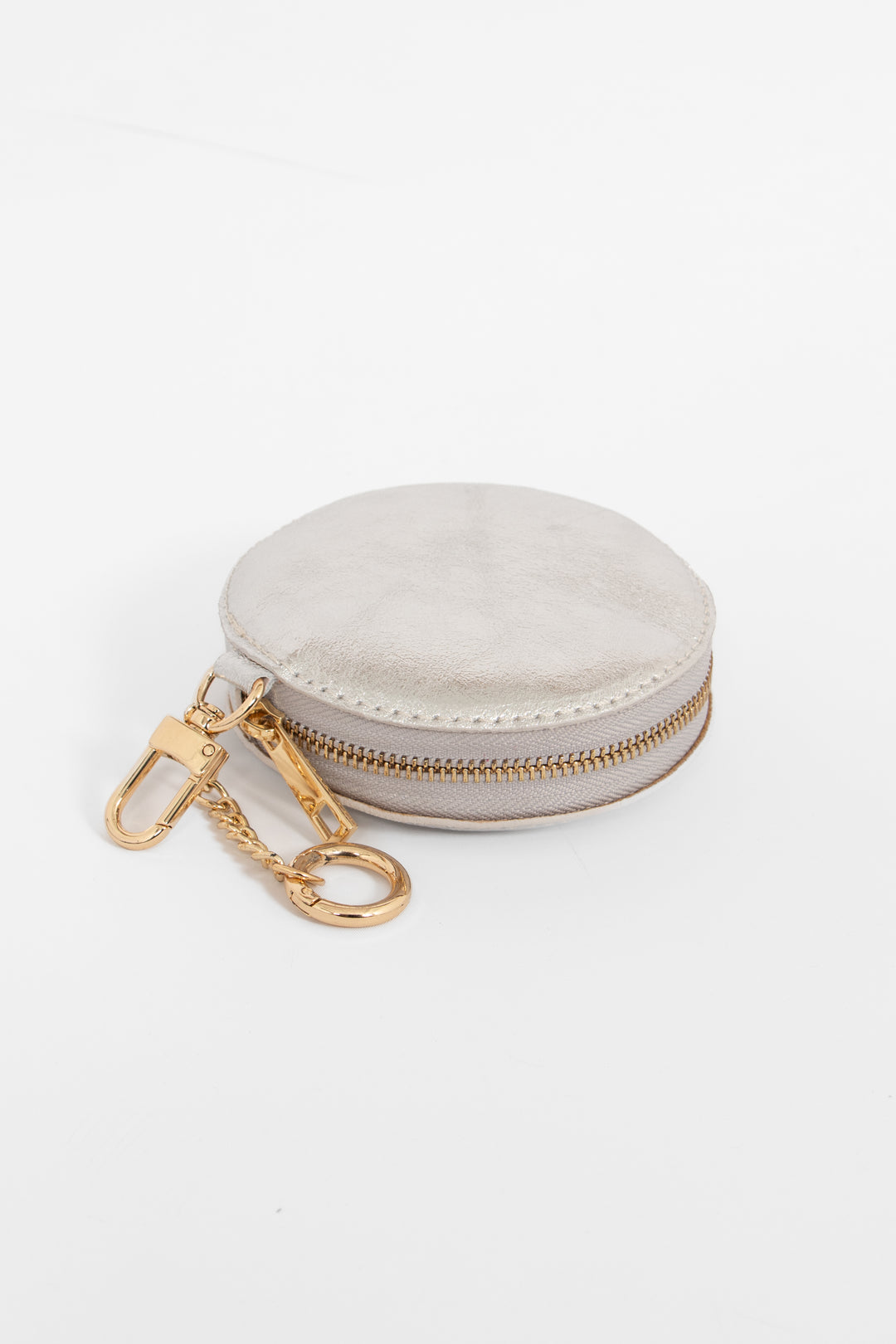 Silver Italian Leather Round Clip-On Coin Purse