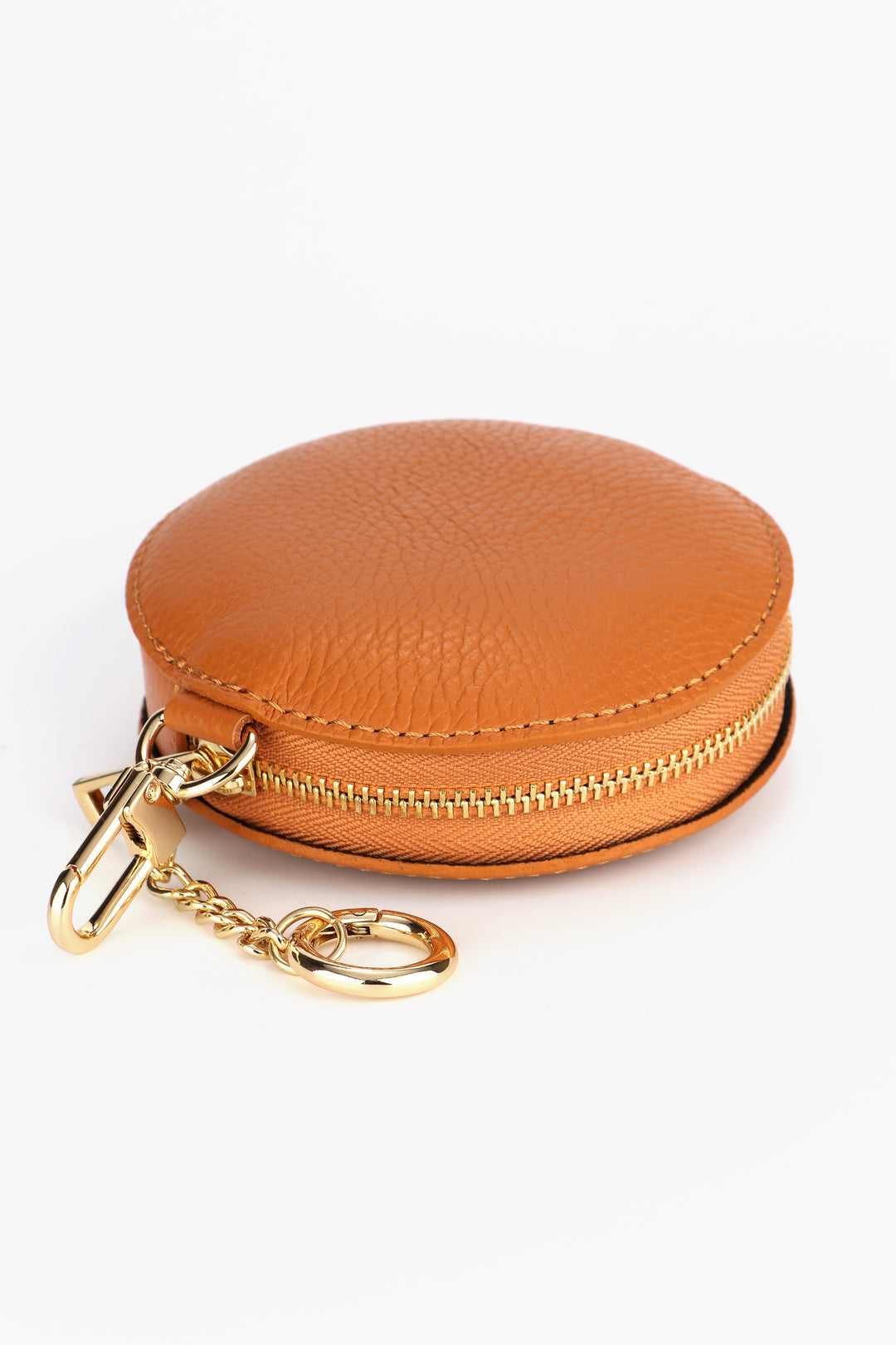 tan coloured leather coin purse with a zip closure and two key ring attachements