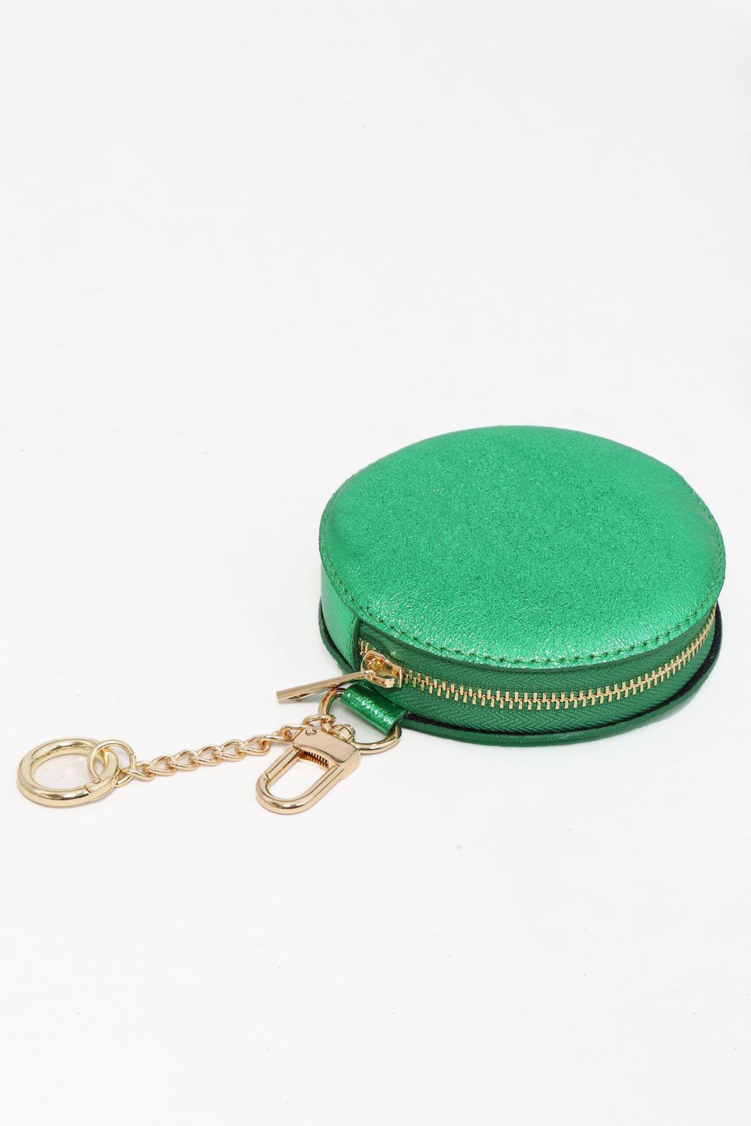 Metallic Bright Green Leather Round Clip-On Coin Purse