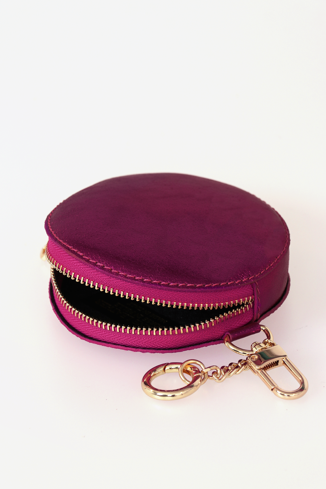 Magenta Leather Round Clip-On Coin Purse