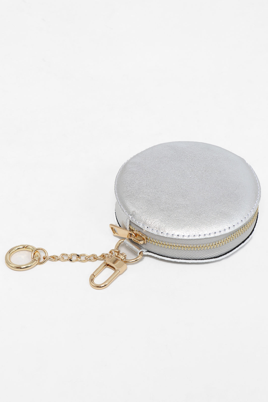Silver Leather Round Clip-On Coin Purse