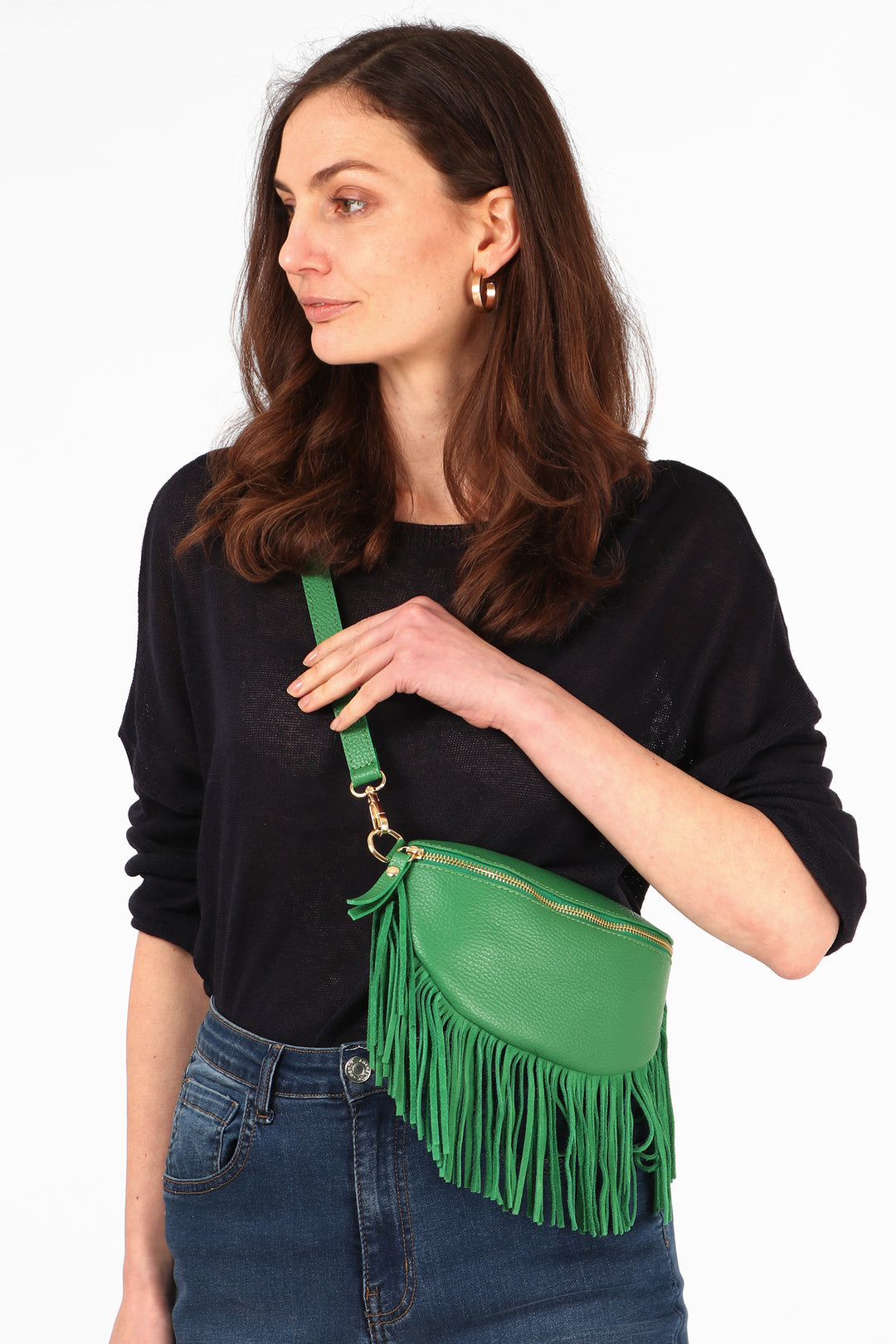 green tassel fringed italian leather cross body bag with adjustable strap