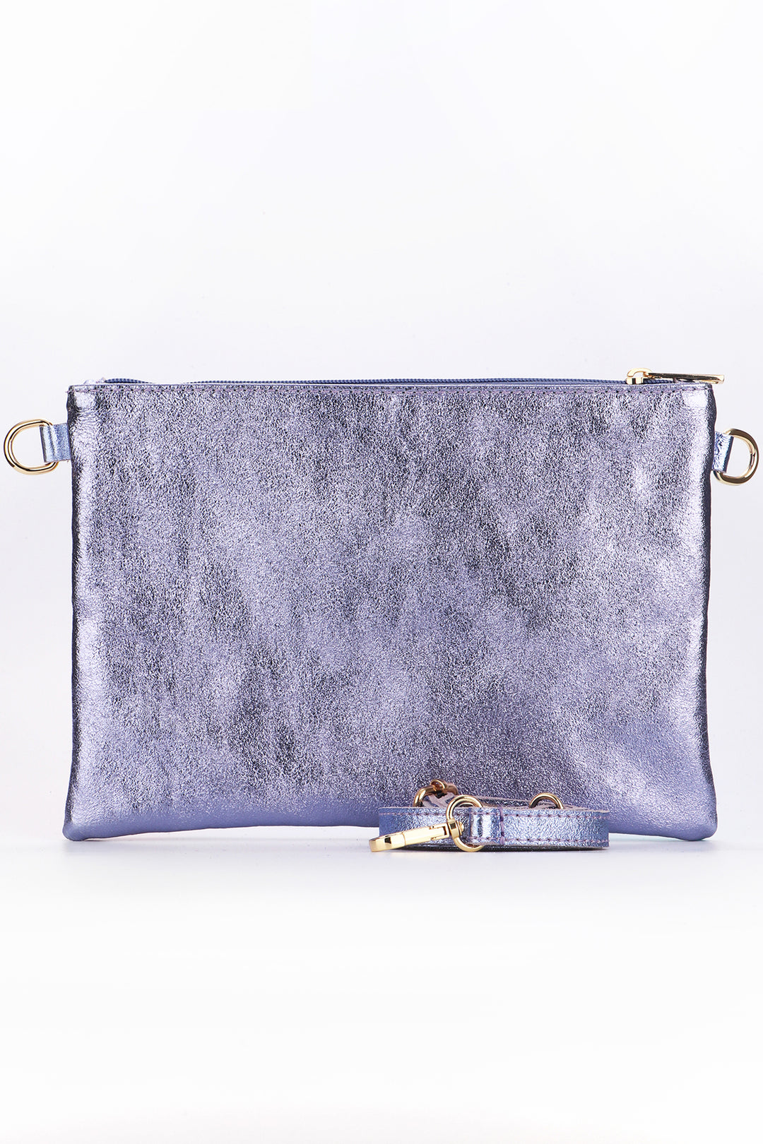 the back of the wristlet clutch is in a solid metallic lilac colour