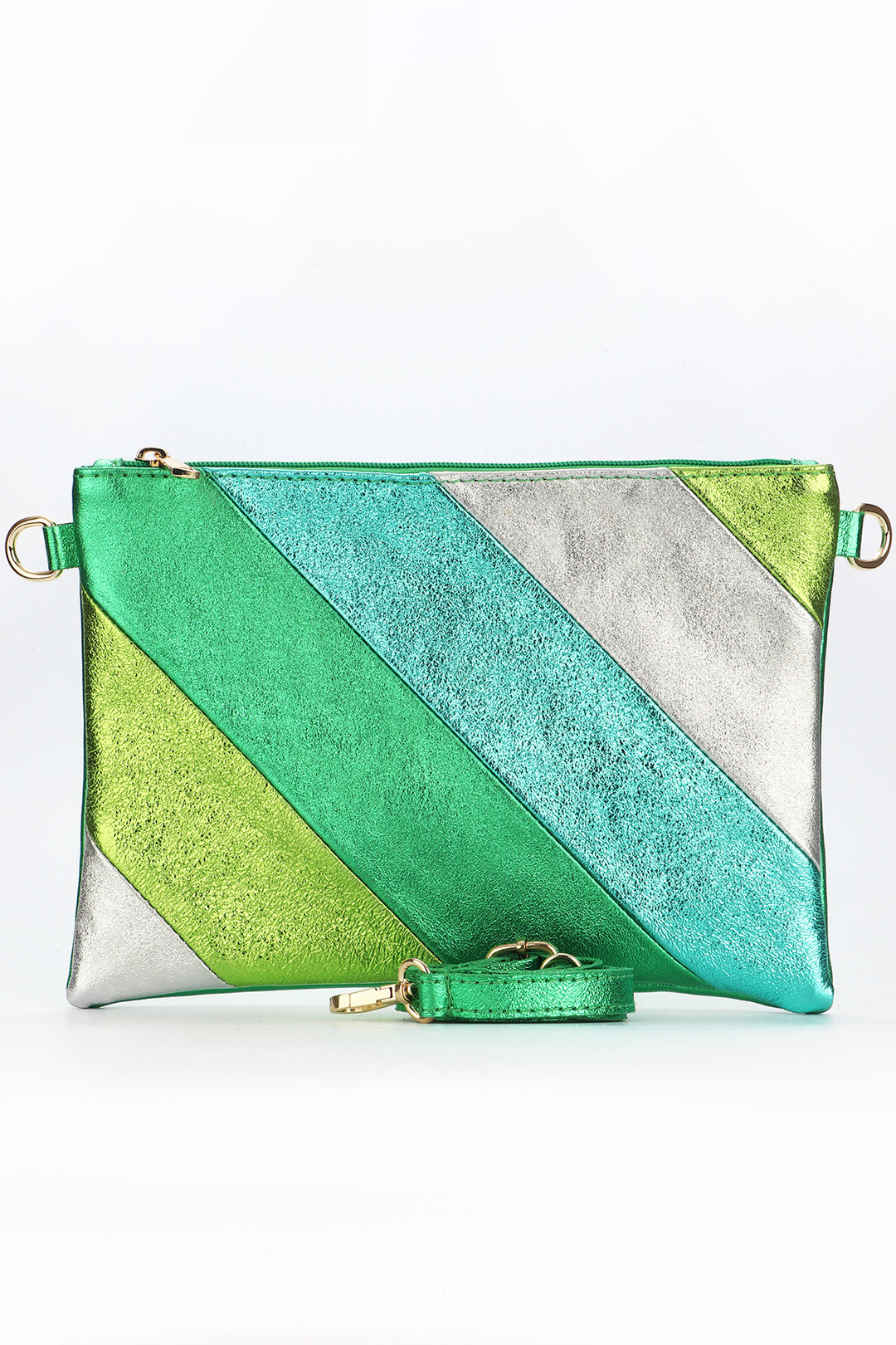 leather clutch bag with a green, silver, turquoise striped pattern with detachable green wrist strap