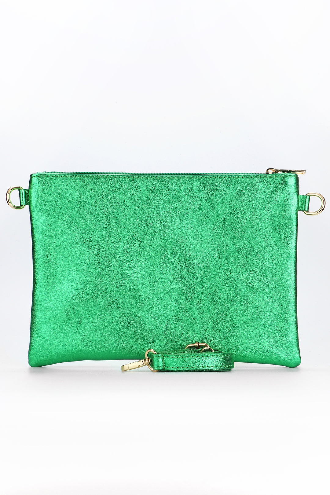 showing the back of the wristlet bag which is plain green 