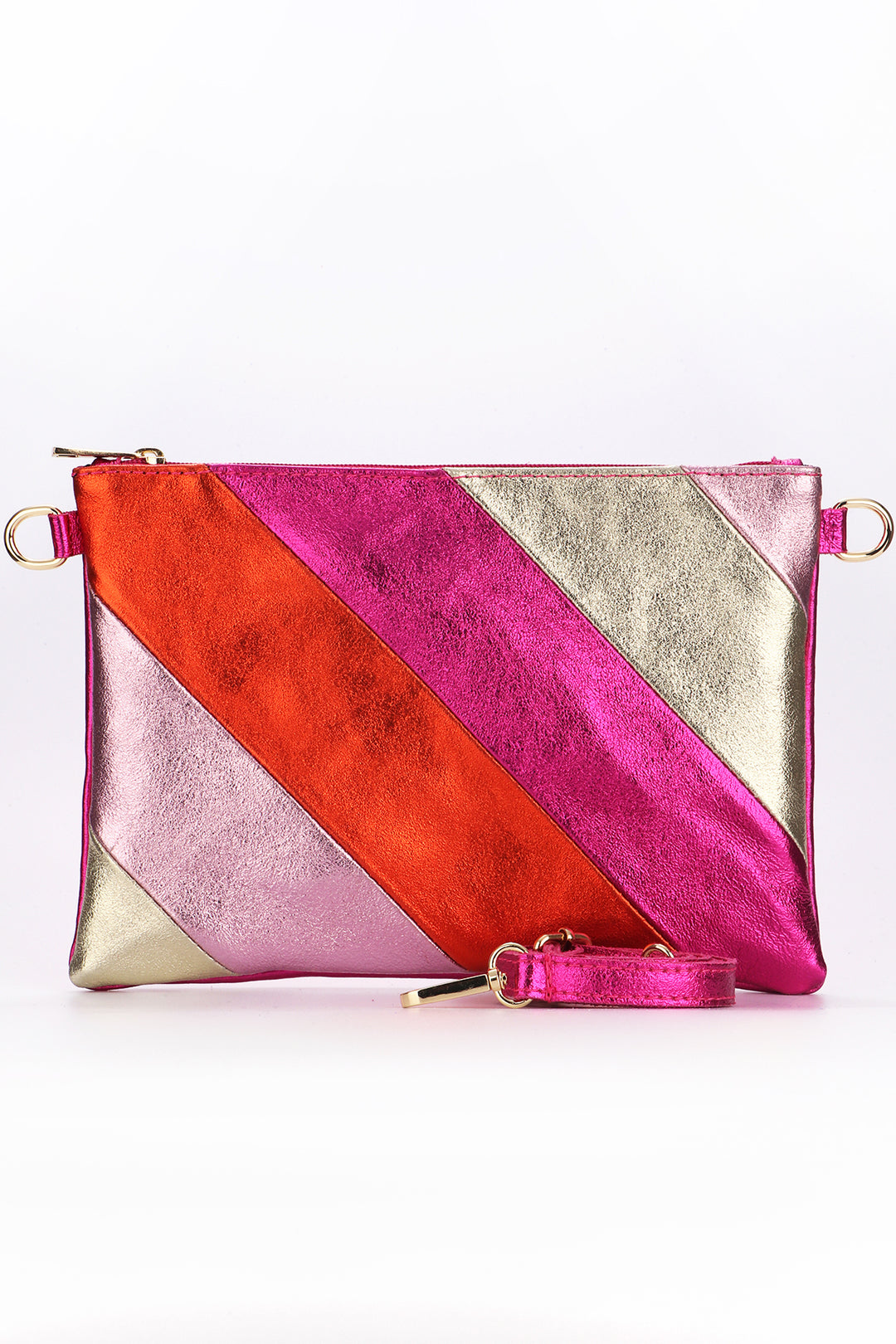pink, gold and orange striped wristlet clutch bag made from italian leather with a detachable metallic pink wrist strap