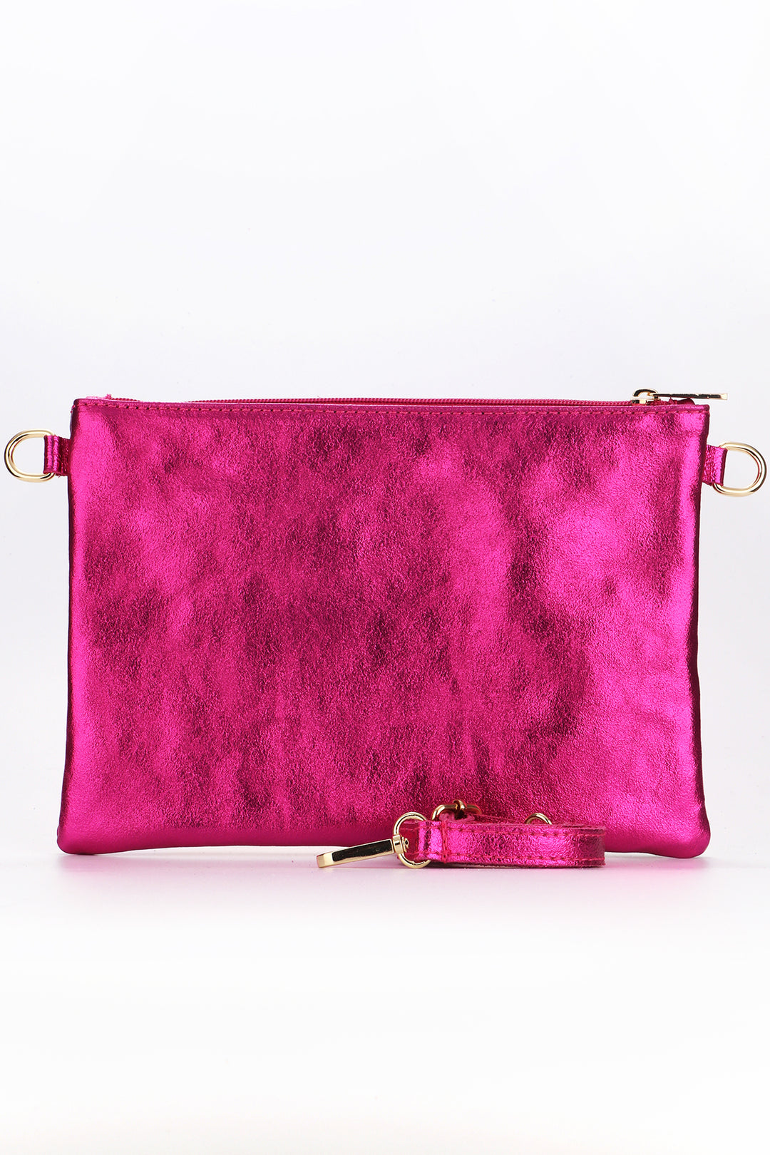 the back of the wristlet clutch is metallic fuchsia pink