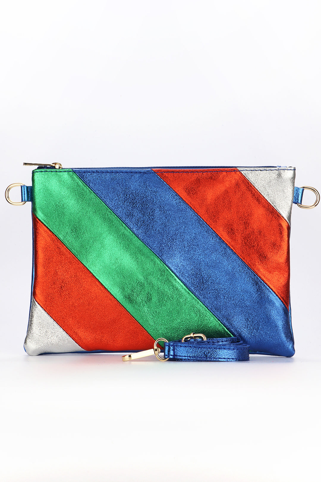 metallic striped clutch bag in silver, orange, blue and green with a detachable blue cross body strap