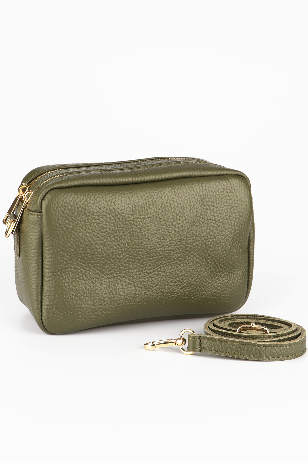 khaki green italian leather crossbody camera bag with detachable bag strap and gold hardware