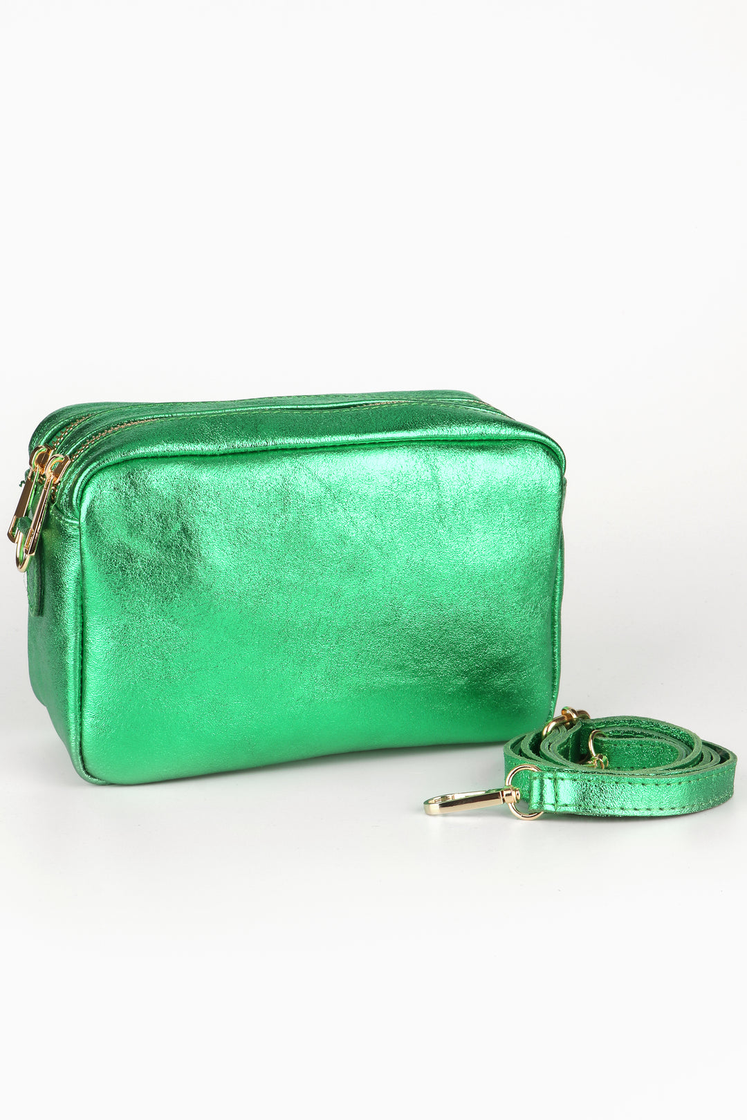 metallic green leather cross body camera bag with a matching detachable bag strap and two zip closing compartments