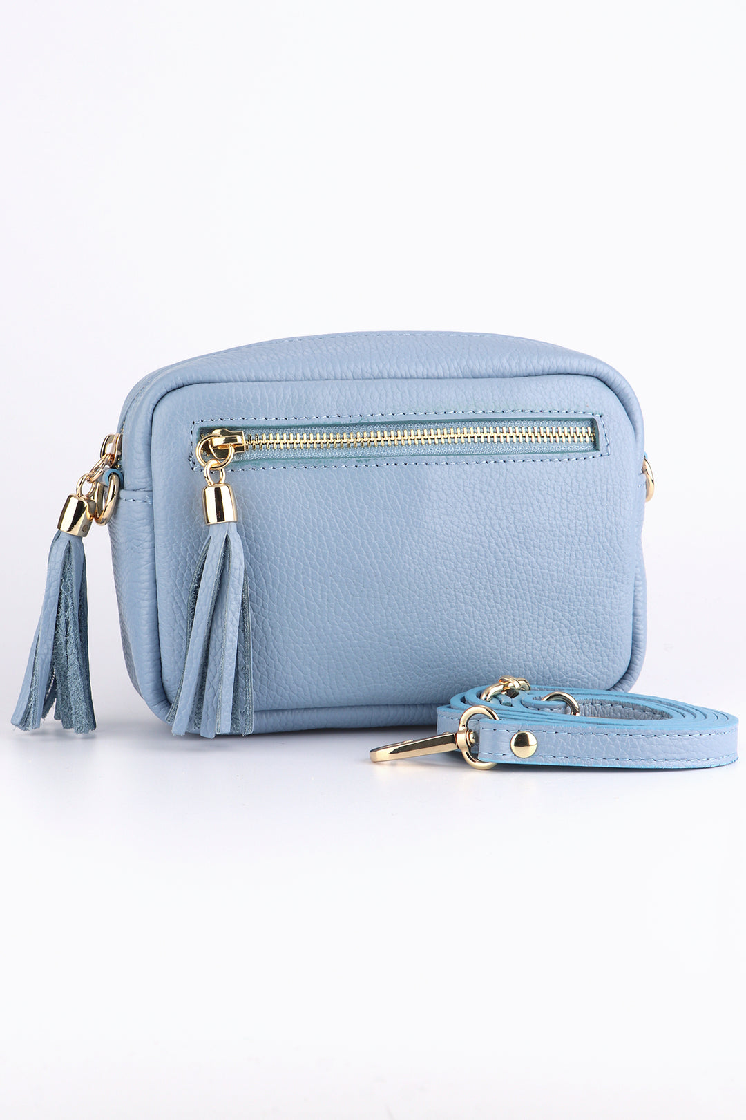 light blue leather small crossbody bag with detachable strap and zip closure compartments