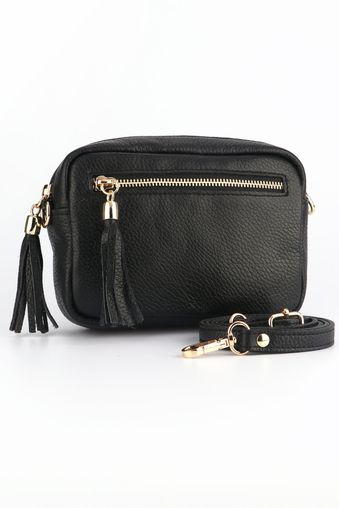 black leather crossbody camera bag with two zip closure compartment's and tassels