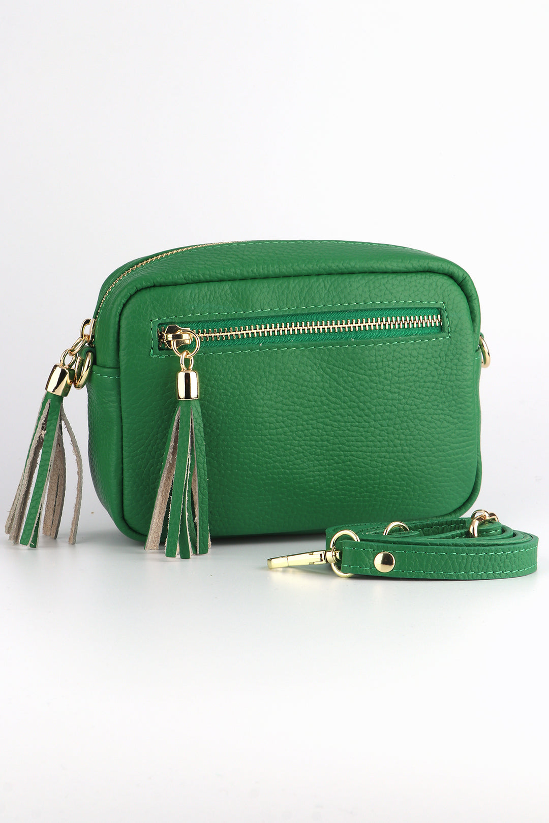 green leather crossbody camera bag with a front zip pocket and matching detachable bag strap