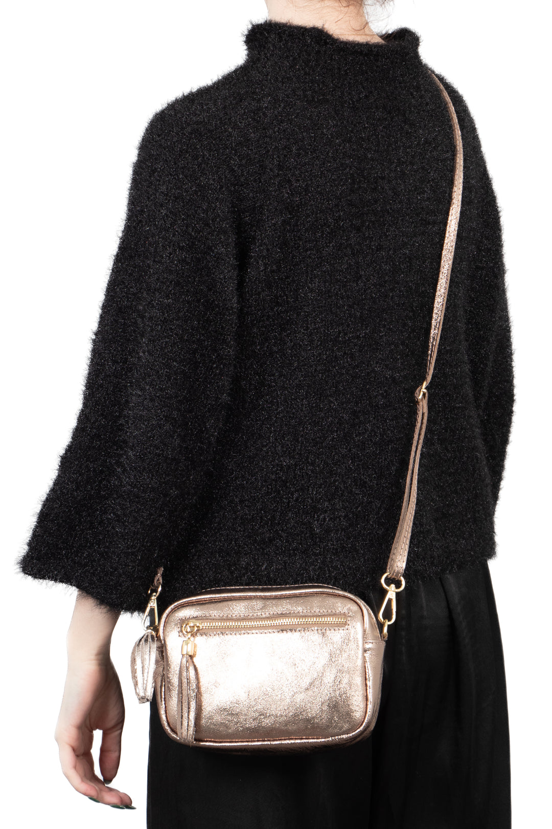 Fleur Italian Leather Crossbody Bag - Champagne, Metallic
