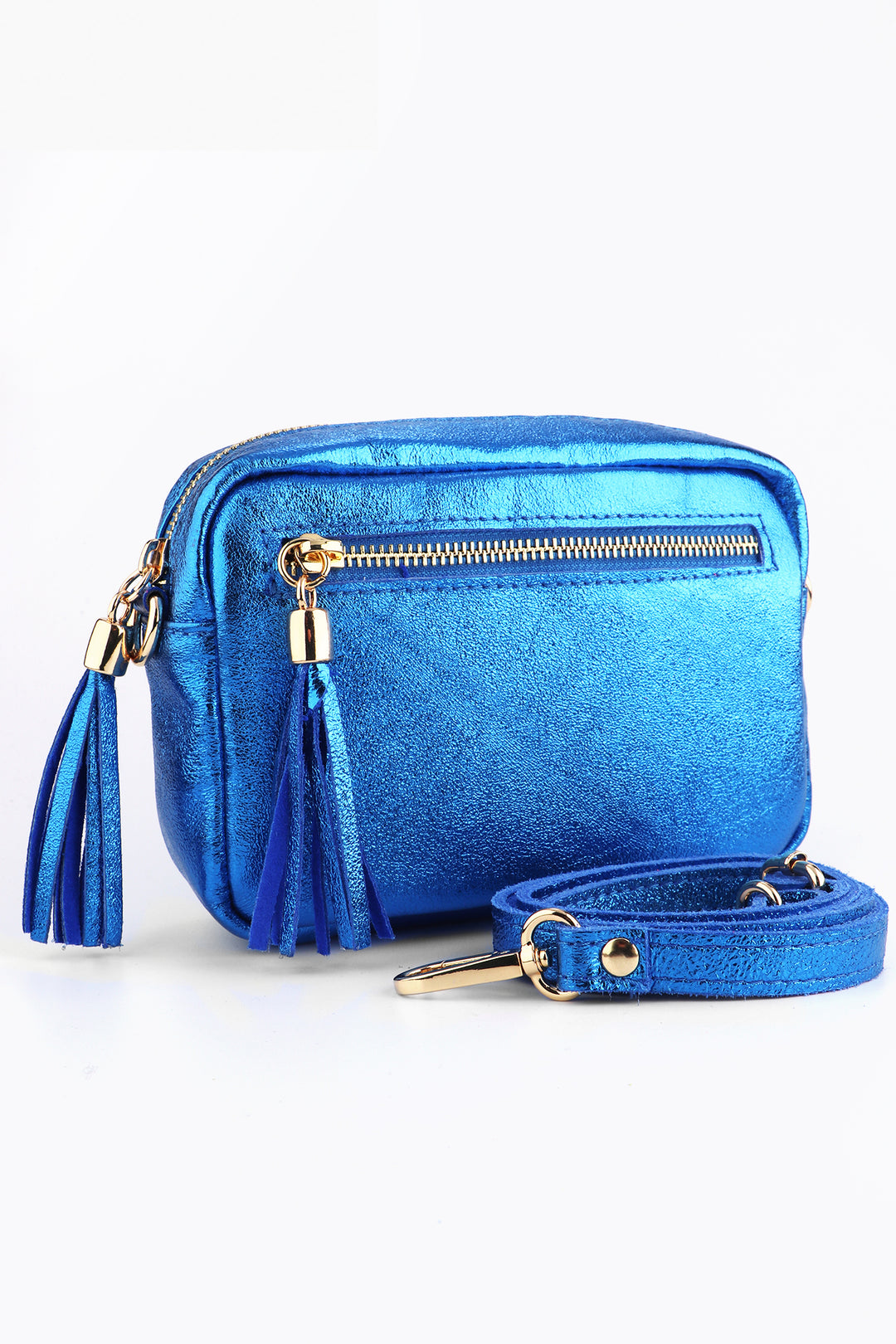 metallic blue small leather cross body camera bag with two zip closing compartments and a detachable shoulder strap
