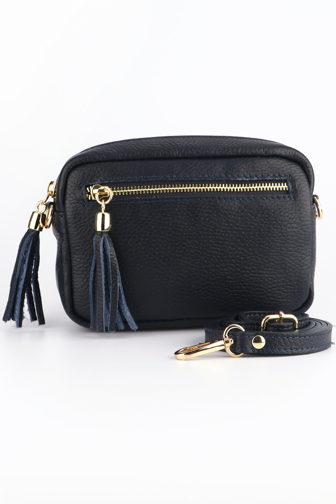 navy blue small leather crossbody bag with two zip compartments and a detachable bag strap
