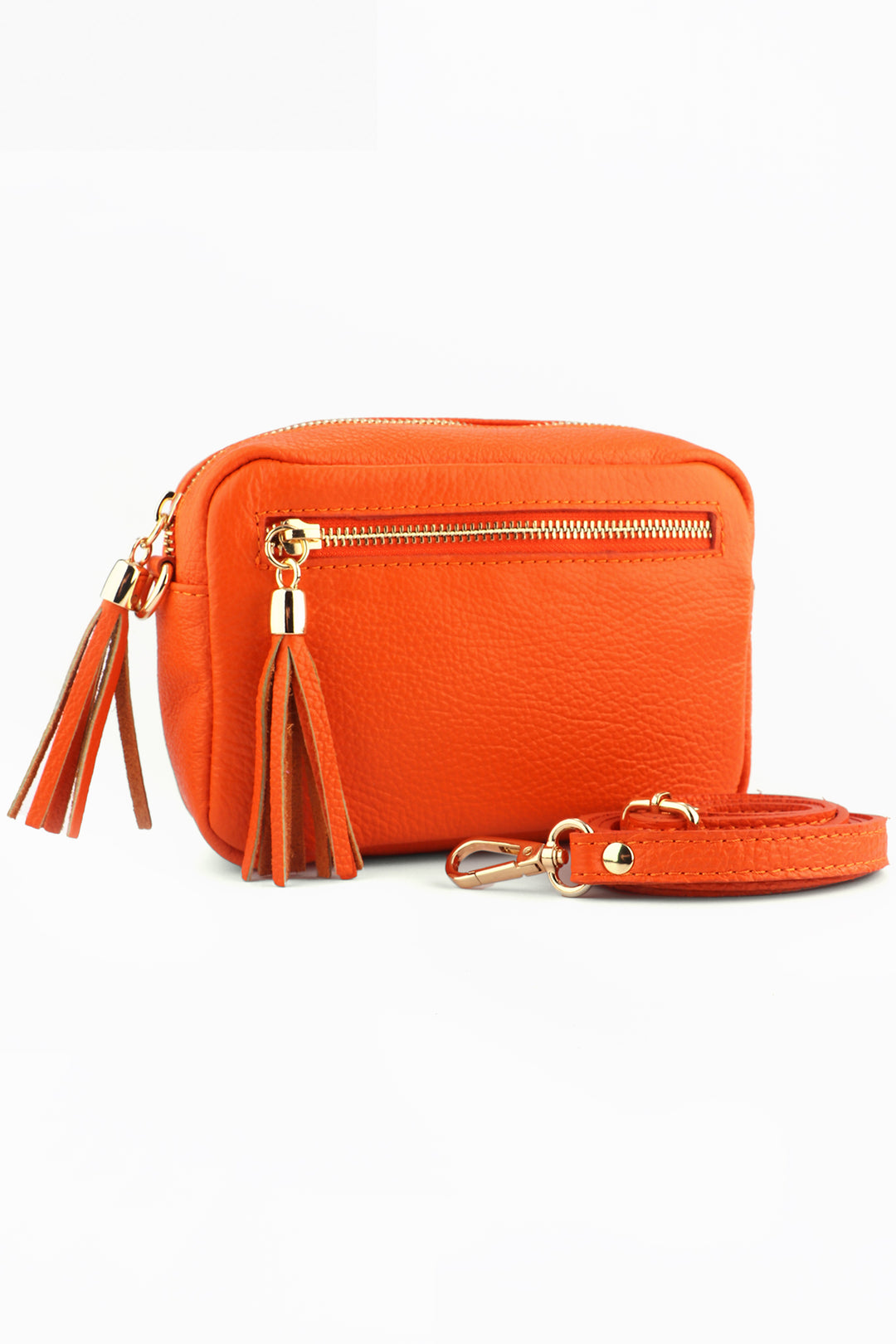 orange leather crossbody camera bag with a front zip pocket and matching detachable bag strap