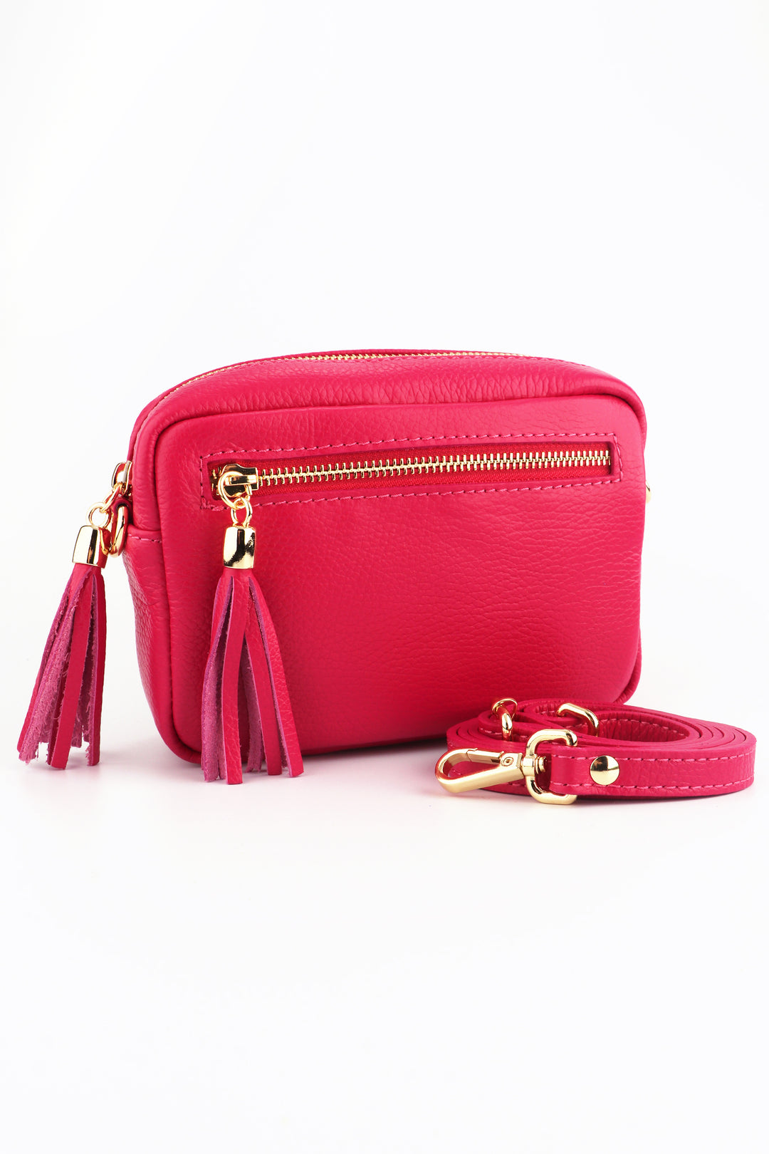 raspberry pink small crossbody camera bag with two zip fastening compartments