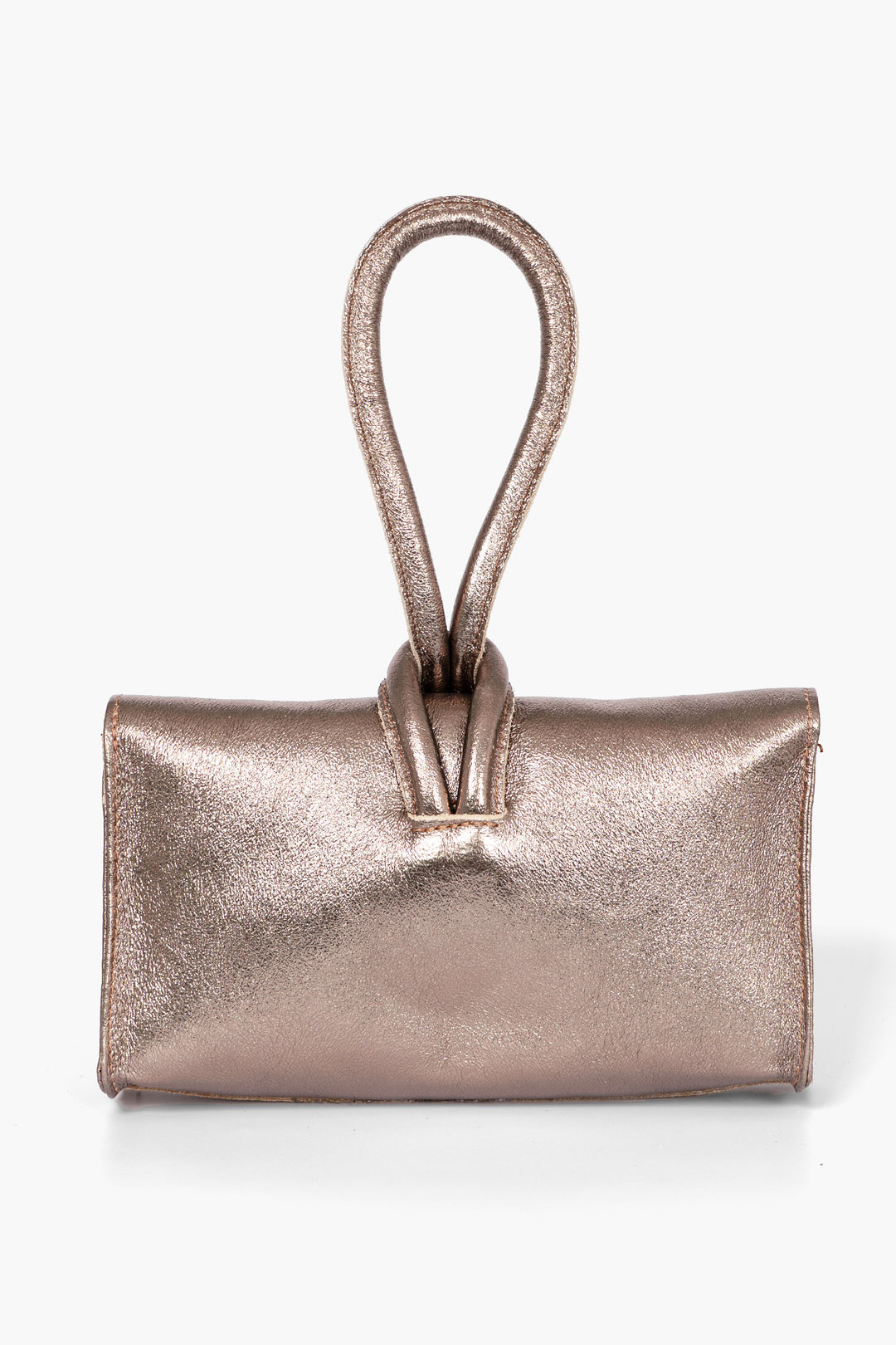 trixie-champagne-metallic-clutch-bag-front-view-rear-view-loop-handle-closure