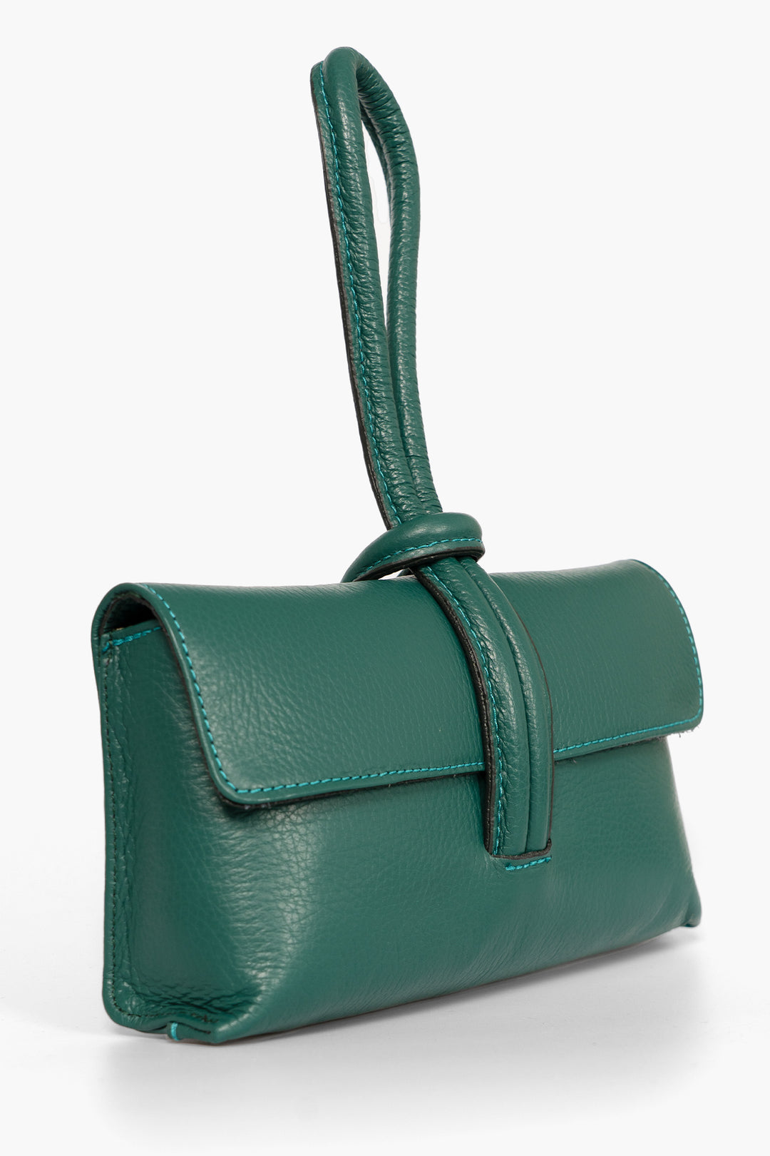 trixie-forest-green-pebbled-clutch-bag-front-view-side-view-loop-strap