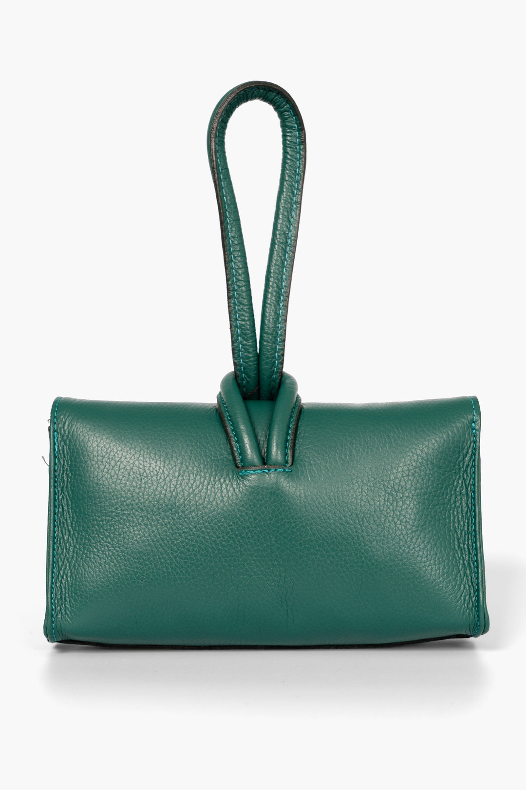 trixie-forest-green-pebbled-clutch-bag-front-view-rear-view-loop-handle-fastening