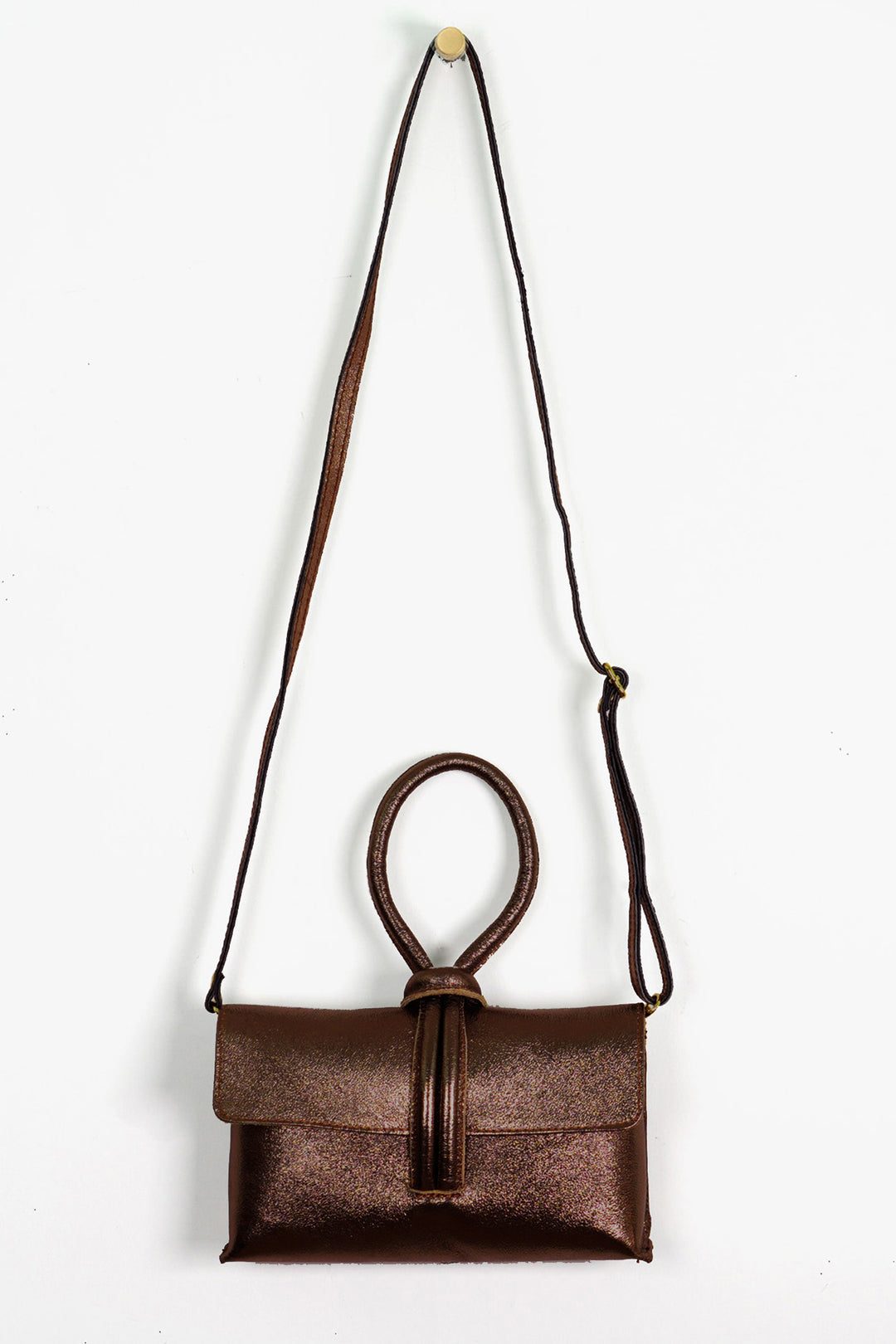 Trixie-Clutch-Bag-Metallic-Italian-Leather-in-Brown-Front-Showing-Adjustable-Strap