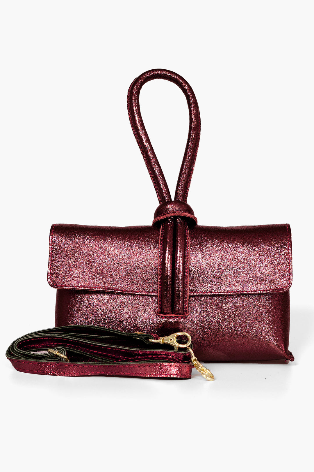 Trixie-Clutch-Bag-Metallic-Italian-Leather-in-Cherry-Showing-Adjustable-Strap