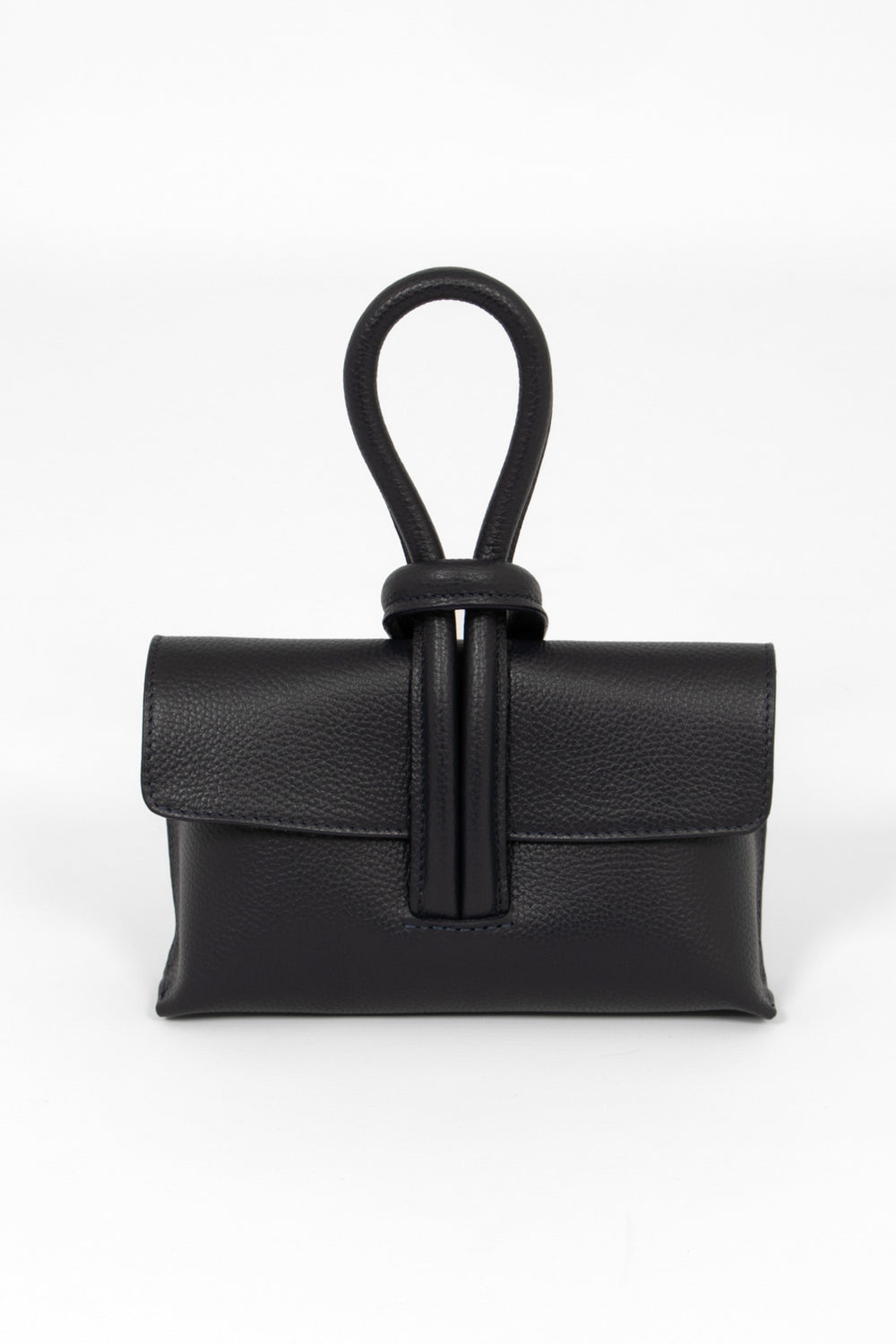 trixie-italian-leather-wristlet-clutch-bag-navy-blue-pebbled-front-view-knot-wrist-fastening