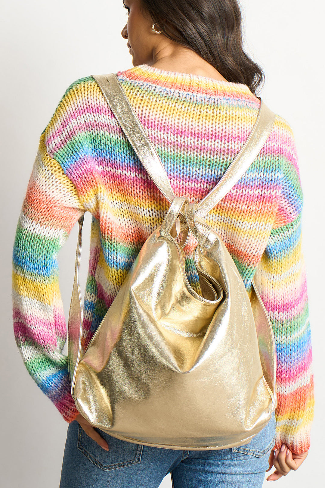 2-in-1-Backpack-Tote-Bag-Metallic-Italian-Leather-in-Gold-Worn-as-Backpack