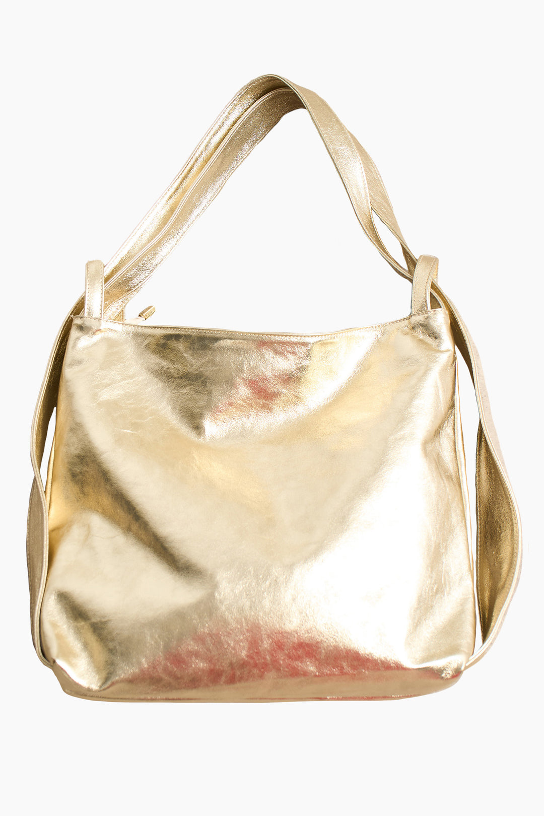 2-in-1-Backpack-Tote-Bag-Metallic-Italian-Leather-in-Gold-Laid-Flat
