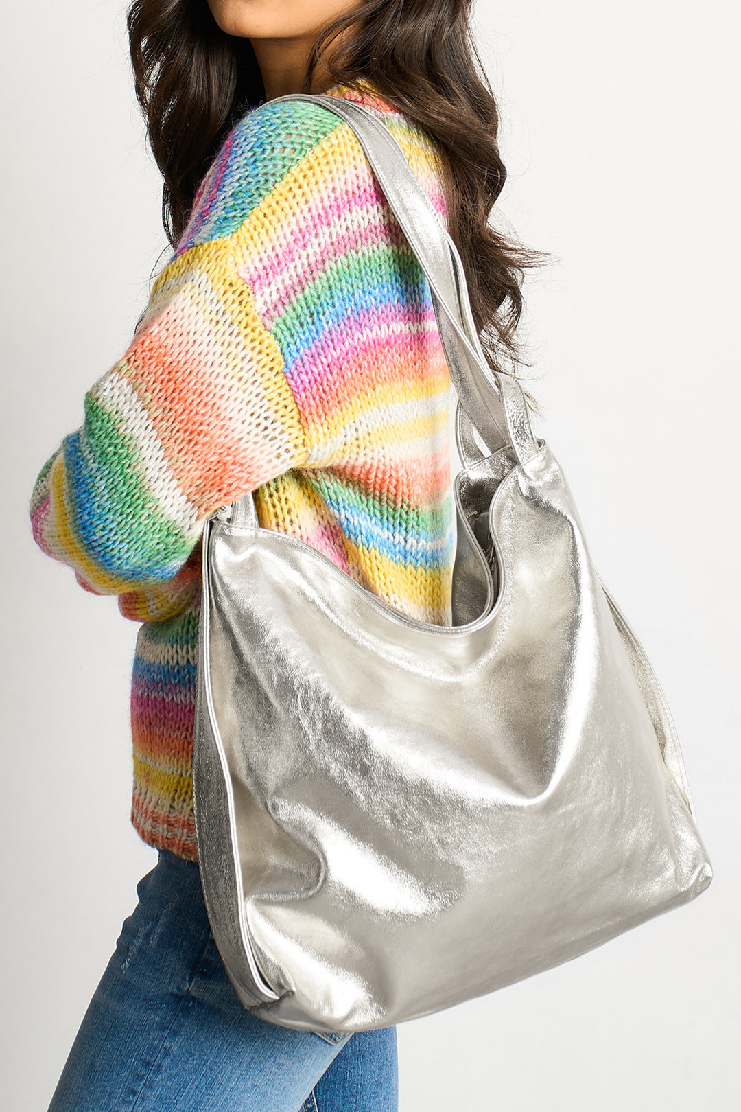 2-in-1-Backpack-Tote-Bag-Metallic-Italian-Leather-in-Silver-Worn-as-Tote