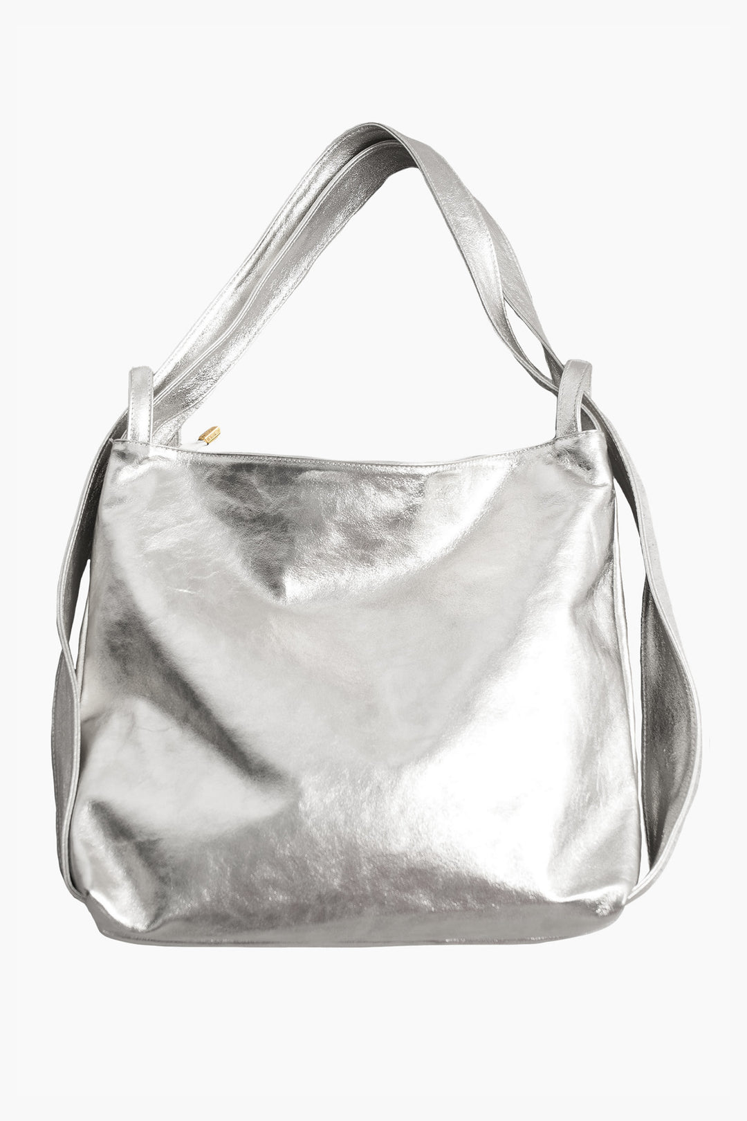 2-in-1-Backpack-Tote-Bag-Metallic-Italian-Leather-in-Silver-Laid-Flat