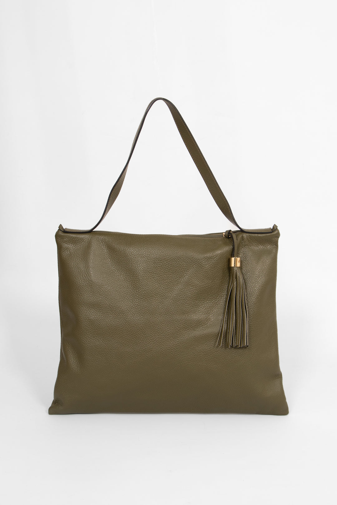 large khaki green leather tote bag with a shoulder strap on the top of the bag and a decorative tassel on the front