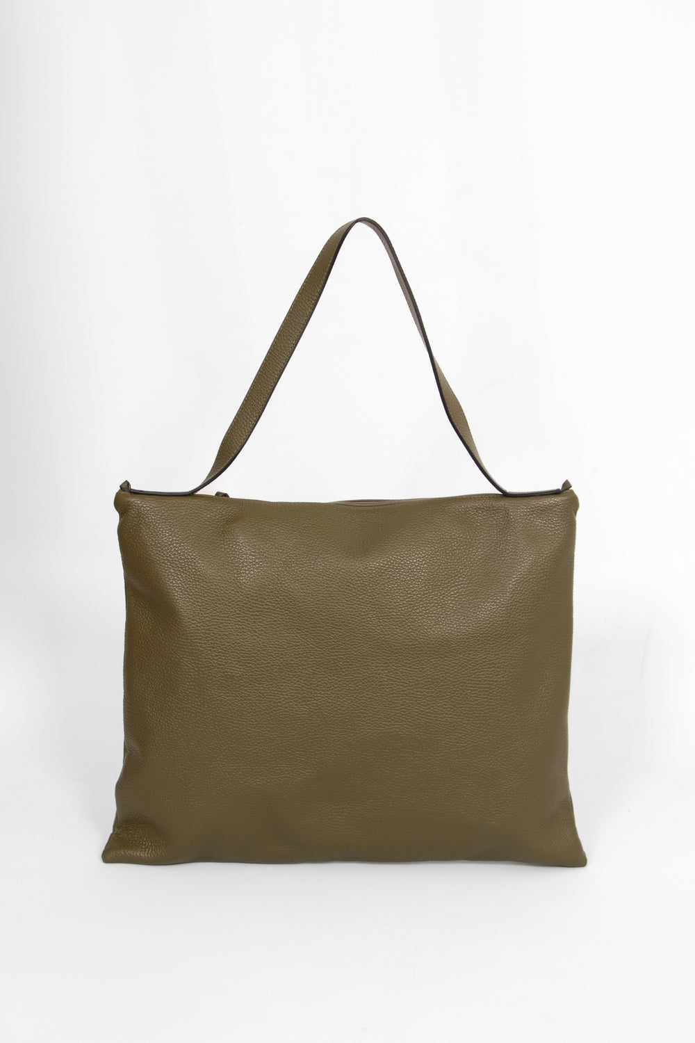 showing the back of the tote bag, the bag is made from pebbled khaki green leather