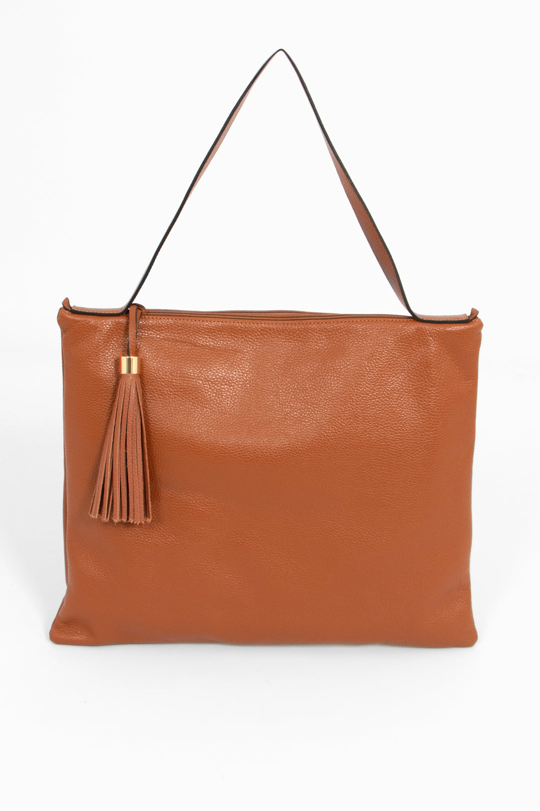 large tan brown leather tote bag with a shoulder strap on the top of the bag and a decorative tassel on the front