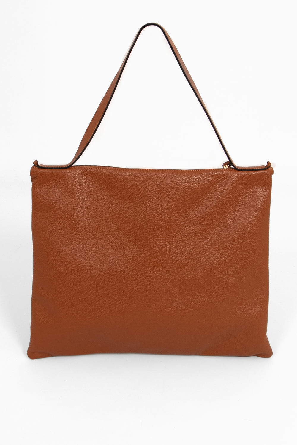 showing the back of the tote bag, the bag is made from pebbled tan leather