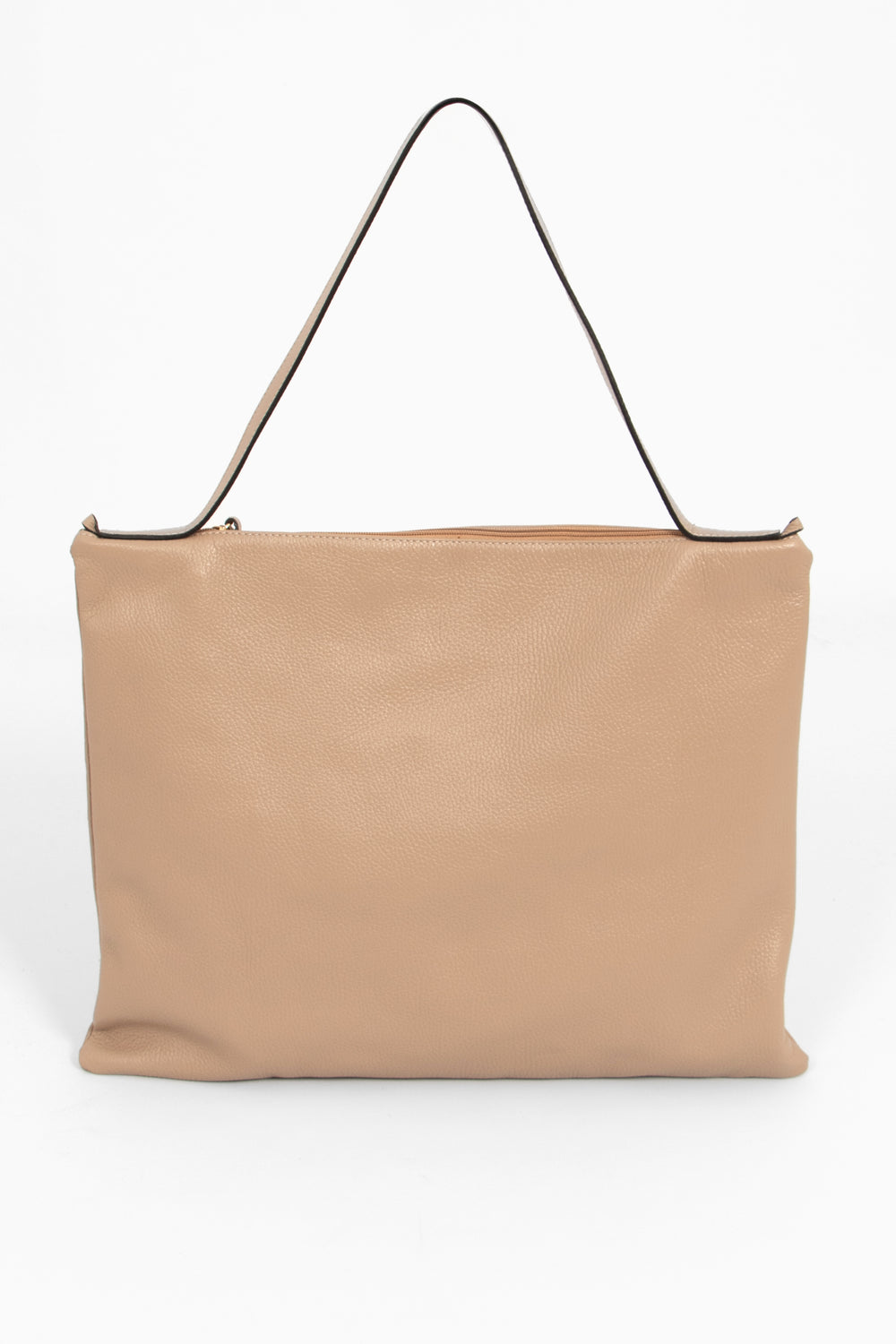 showing the back of the tote bag, the bag is made from pebbled taupe leather