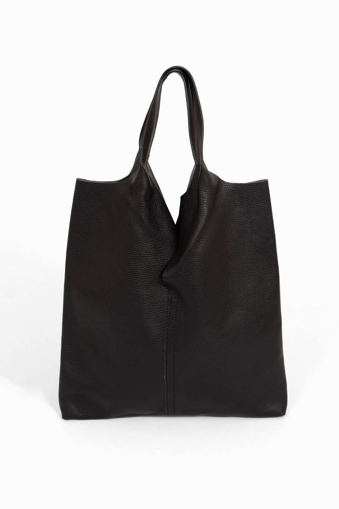 black pebbled leather tote bag with top carry handles. this bag is designed to be worn over the shoulder